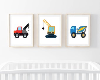 Nursery Prints Vehicle Theme set of 3 Prints Truck Cement Mixer Fun Baby Boy Girl Construction Inspirational colours