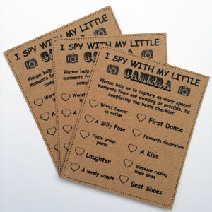 Bruiloft Spel ISPY Kraft Kaarten Qty 12 Trivia Place Setting Table Vintage Shabby Chic I-SPY Tafel Fun ijsbreker