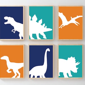 Kleinkind Wandbild - 6er Set Drucke - Dinosaurier Kunstdruck Mix - Druckbare Dinosaurier - Geschenk für Baby Jungen Navy Orange T-Rex Digital