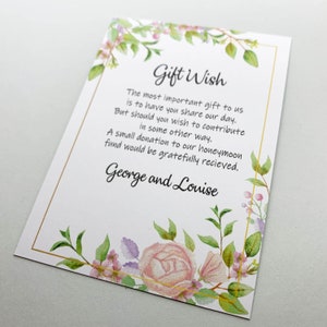 Gepersonaliseerde Wedding Honeymoon Wish Gift Cards op Witte Kaart Floral - Geld wensen Goed Vintage Rustieke Stijl token verzoek Bloemen nodigt uit