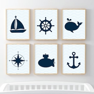 Nursery Wall Art Nautical Pictures set of 6 Prints Download Baby Boy Girl Sea Pirate Boat Whale Marine Theme Beach Bedroom Waves Crib cot