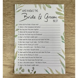 Who Know's Braut und Bräutigam Grün Botanische Hochzeit Spiel Tischdekoration Mr Mrs Quiz Spiele Spaß Aktivität Raten Hochzeitsgast Floral Gefälligkeiten