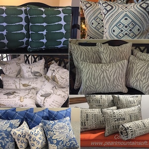 Op de afbeelding: Een assortiment van decoratieve kussens met verschillende patronen en kleuren, waaronder groen, blauw, wit en grijs. De kussens zijn in collage-stijl gerangschikt, waardoor verschillende ontwerpen en texturen worden getoond.