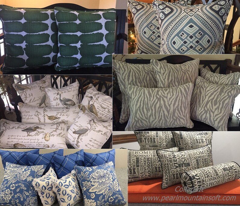 Op de afbeelding: Een assortiment van decoratieve kussens met verschillende patronen en kleuren, waaronder groen, blauw, wit en grijs. De kussens zijn in collage-stijl gerangschikt, waardoor verschillende ontwerpen en texturen worden getoond.