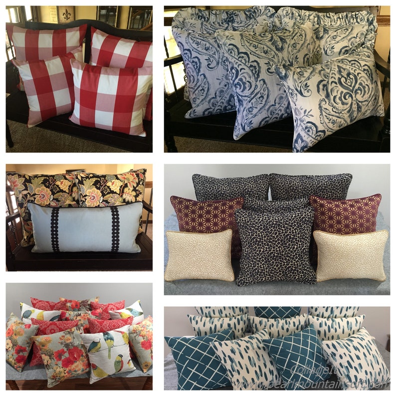 May include: Assortment of decorative throw pillows in various patterns and colors, including red and white gingham, blue and white paisley, black and white animal print, and floral designs. The pillows are arranged on a variety of surfaces, including a wooden bench, a couch, and a bed.