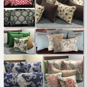 May include: Assortment of decorative throw pillows with various patterns and colors. The pillows are arranged in groups of three or four, showcasing different designs. Some pillows feature floral patterns, while others have geometric or abstract designs. The pillows are a mix of solid colors and patterned fabrics, including red, green, blue, brown, and beige.