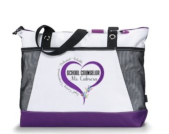 School Counselor Loyal Caring Compassionate Personalized Printed Tote Bag with Mesh Pockets
