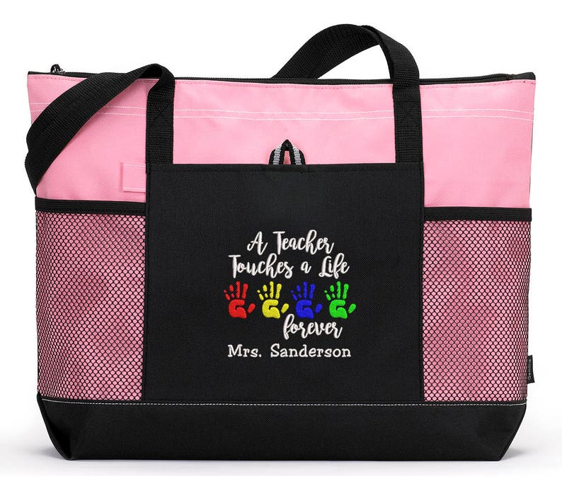 A Teacher Touches a Life Forever Personalized Tote Zippered Embroidered tote Bag, Gift for Teacher, Teacher Appreciation image 3