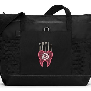 Dental Tooth with Tools Monogram Pocket Personalized Tote Bag with Mesh Pockets, Dental Hygienist, Dental Assistant
