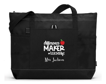 Difference Maker #TeacherLife Personalized Tote Bag with Mesh Pockets, Gift for Teacher, Teacher Appreciation, Graduation, Back to School