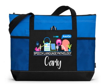 Speech Language Pathology #3172 Personalized Printed Tote Bag with Mesh Pockets, SLP Gift