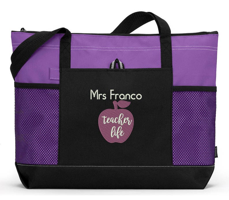 Teacher Bag, Teacher Life Personalized Tote Zippered Embroidered tote Bag With Mesh Pockets, Beach Bag, Gift for Teacher, Personalized Gift image 7