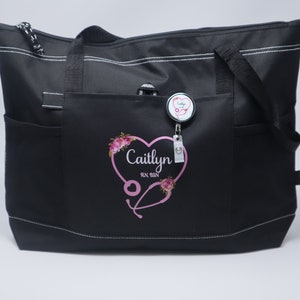 Personalized Heart Stethoscope with Flowers, Rn, Lpn, Cna, Cma Tote Bag with Mesh Pockets, Nurse Bag, Nurse Tote Black