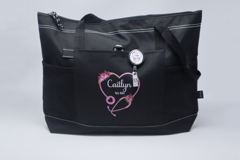 Personalized Heart Stethoscope with Flowers, Rn, Lpn, Cna, Cma Tote Bag with Mesh Pockets, Nurse Bag, Nurse Tote Black