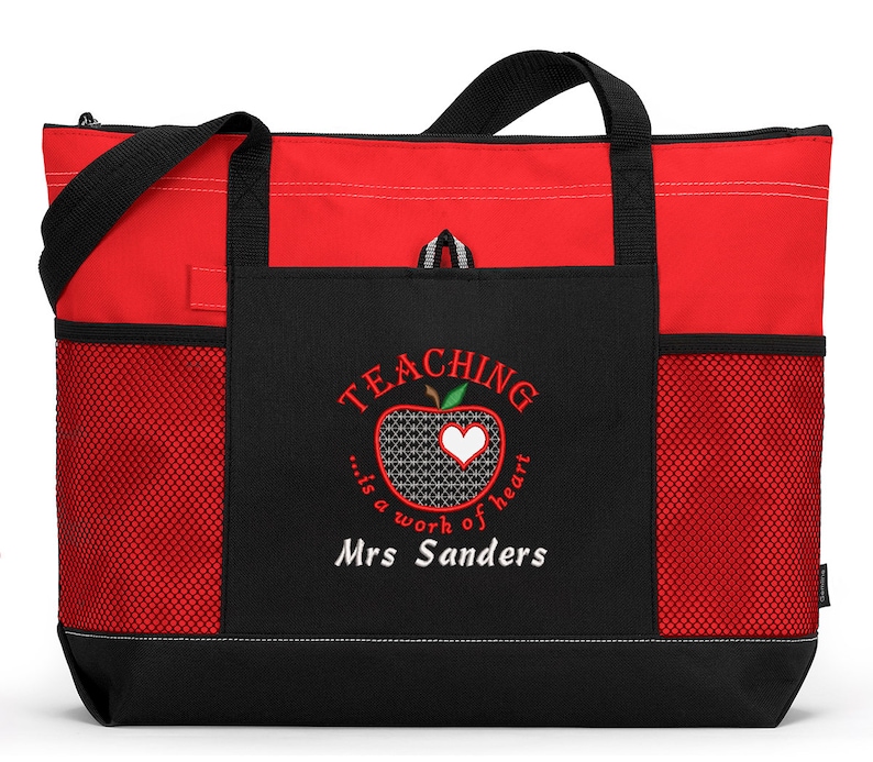 Teaching is a Work of Heart Personalized Tote Zippered Embroidered tote Bag With Mesh Pockets, Beach Bag image 1