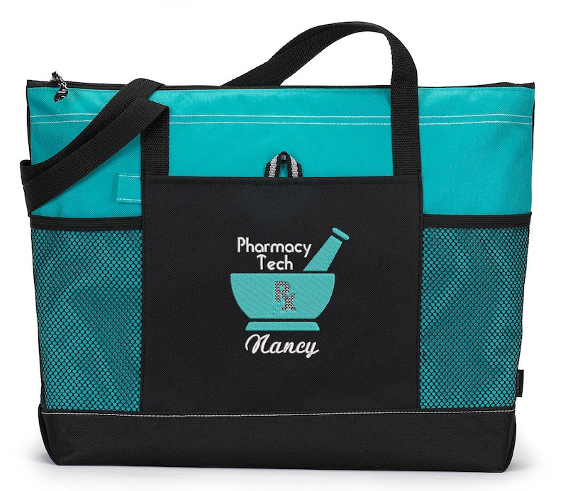 Personalized Pharmacy Tech/Pharmacist Zippered Embroidered tote Bag With Mesh Pockets, Personalized Gift image 6