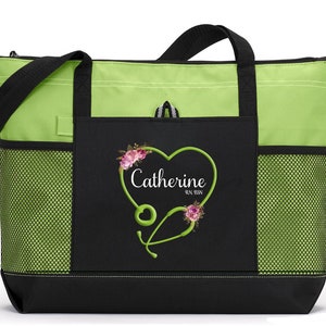 Personalized Heart Stethoscope with Flowers, Rn, Lpn, Cna, Cma Tote Bag with Mesh Pockets, Nurse Bag, Nurse Tote image 1