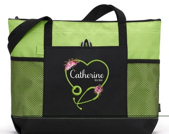 Personalized Heart Stethoscope with Flowers, Rn, Lpn, Cna, Cma Tote Bag with Mesh Pockets, Nurse Bag, Nurse Tote