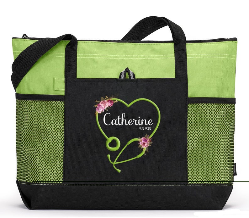 Personalized Heart Stethoscope with Flowers, Rn, Lpn, Cna, Cma Tote Bag with Mesh Pockets, Nurse Bag, Nurse Tote image 1