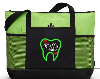 Dental Tools Ladybugs Personalized Tote Bag with Mesh Pockets