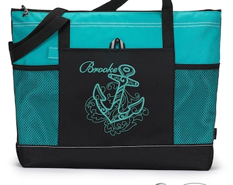 Nautical Anchor Personalized Tote Bag with Mesh Pockets, Beach Bag, Boating