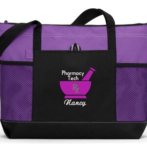 Personalized Pharmacy Tech/Pharmacist Zippered Embroidered tote Bag With Mesh Pockets, Personalized Gift image 4