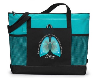 Respiratory Therapists Never Take a Breath for Granted Personalized Printed Tote Bag with Mesh Pockets