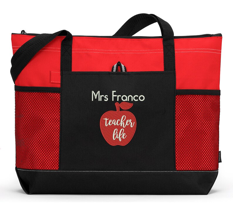 Teacher Bag, Teacher Life Personalized Tote Zippered Embroidered tote Bag With Mesh Pockets, Beach Bag, Gift for Teacher, Personalized Gift image 1