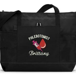 Phlebotomist Personalized Embroidered Zippered Tote Bag With Mesh Pockets, Beach Bag, Boating Black