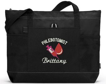 Phlebotomist Personalized Embroidered Zippered Tote Bag With Mesh Pockets, Beach Bag, Boating