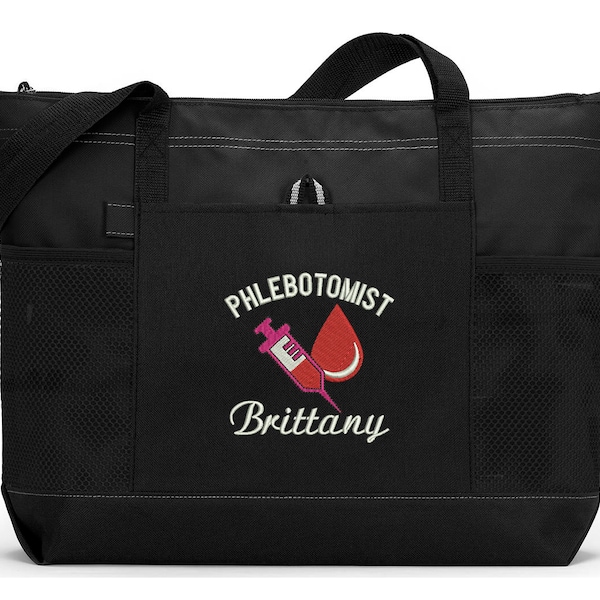 Phlebotomist Personalized Embroidered Zippered Tote Bag With Mesh Pockets, Beach Bag, Boating