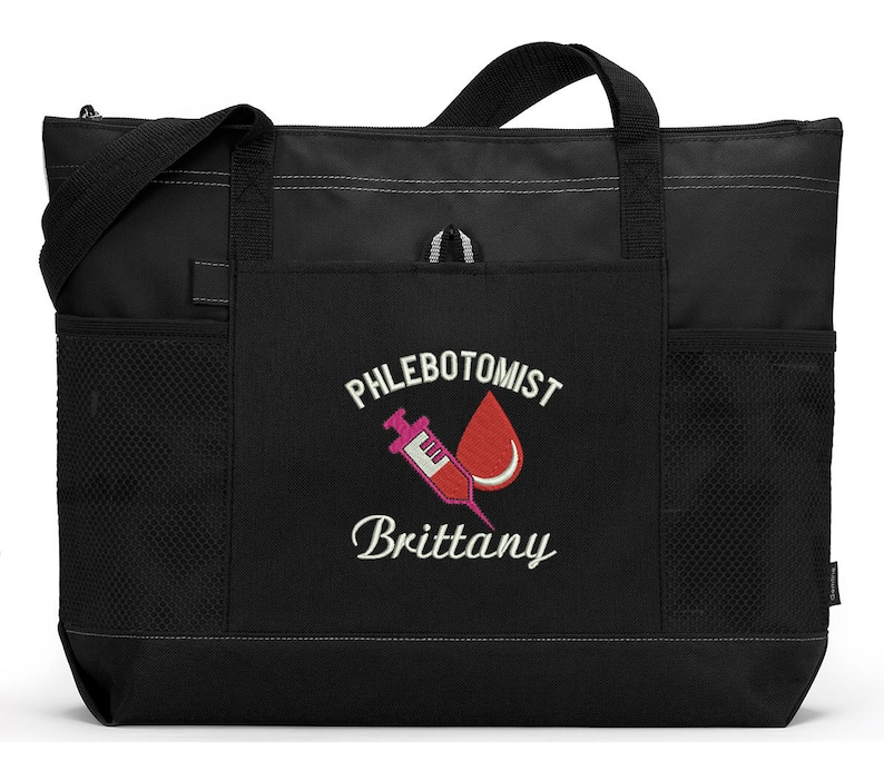 Phlebotomist Personalized Embroidered Zippered Tote Bag With Mesh Pockets, Beach Bag, Boating Black