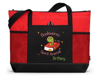 Bookworm Is My Spirit Animal Personalized Tote Bag with Mesh Pockets