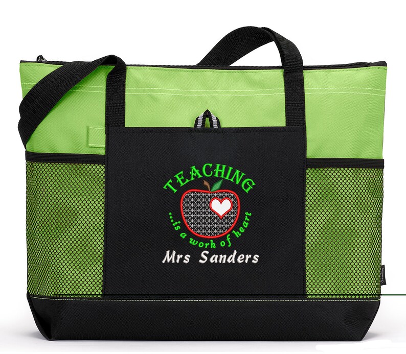 Teaching is a Work of Heart Personalized Tote Zippered Embroidered tote Bag With Mesh Pockets, Beach Bag image 4