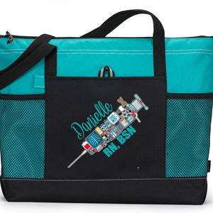 Personalized Nursing Syringe / Phlebotomist, Rn, Lpn, Cna, Cma Tote Bag with Mesh Pockets image 2