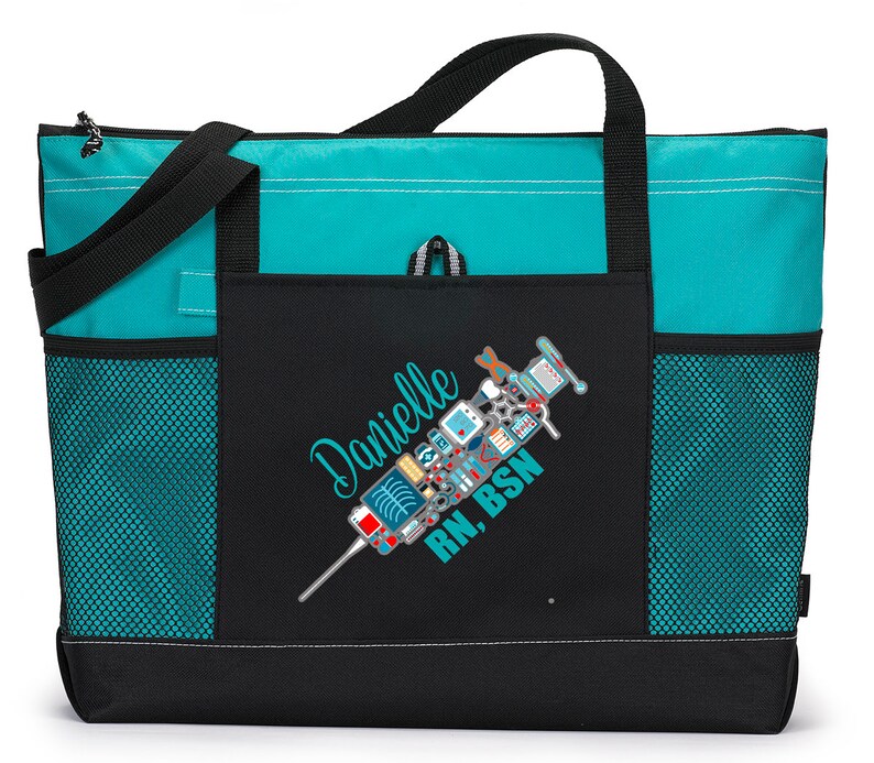 Personalized Nursing Syringe / Phlebotomist, Rn, Lpn, Cna, Cma Tote Bag with Mesh Pockets image 2