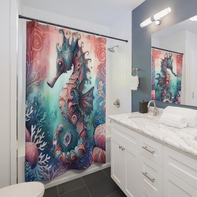 Shower Curtain Mystical Seahorse, Bathroom Makeover, Tropical Decor