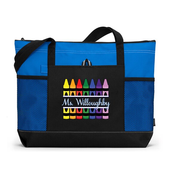Teacher Crayons Personalized Tote Bag With Mesh Pockets Preschool Kindergarten Teacher Gift Teacher Appreciation Etsy Canada