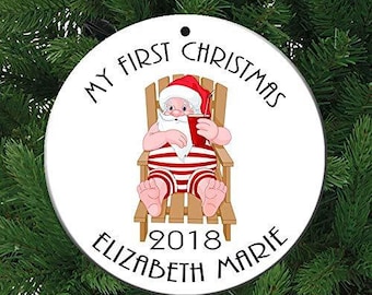 Beach Chair Santa Baby's 1st Christmas Personalized Ceramic Christmas Ornament, Personalized Gift