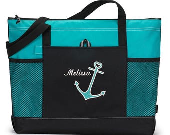 Anchor with Heart Personalized  Zippered Tote Bag with Mesh Pockets, Beach Bag, Boating, Nautical, Personalized Gift
