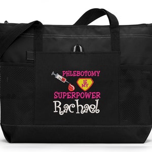 Phlebotomy is my Superpower Embroidered Zippered Tote Bag With Mesh Pockets, Beach Bag, Boating image 3