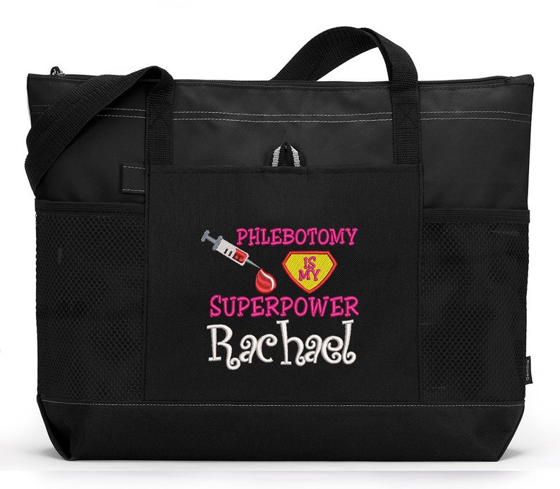 Phlebotomy is my Superpower Embroidered Zippered Tote Bag With Mesh Pockets, Beach Bag, Boating image 3