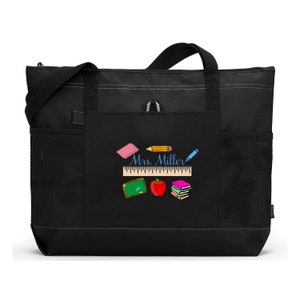 Teacher Ruler Personalized Tote Bag with Mesh Pockets, Preschool, Kindergarten Black