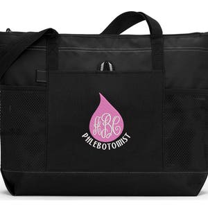 Phlebotomist Blood Drop Monogrammed Embroidered Zippered Tote Bag With Mesh Pockets, Beach Bag, Boating Black