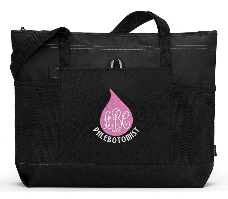 Phlebotomist Blood Drop Monogrammed Embroidered Zippered Tote Bag With Mesh Pockets, Beach Bag, Boating Black