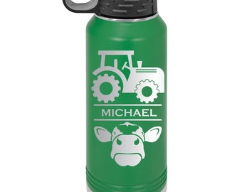 Farm Living Tractor Cow Personalized Engraved Insulated Stainless Steel 32 oz Water Bottle, Personalized Gift