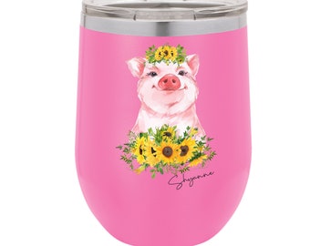 Sunflower Pig Personalized Insulated Stemless Stainless Steel 12 oz Tumbler UV Printed