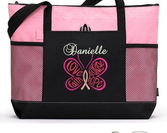 Personalized  Chemo, Cancer Awareness Zippered Tote Bag with Mesh Pockets, Beach Bag, Boating