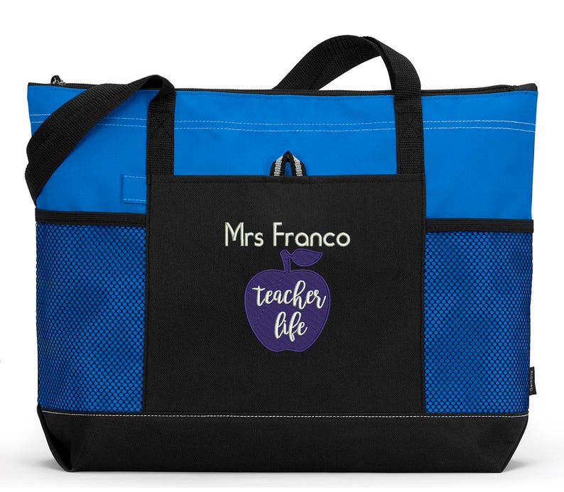 Teacher Bag, Teacher Life Personalized Tote Zippered Embroidered tote Bag With Mesh Pockets, Beach Bag, Gift for Teacher, Personalized Gift image 4