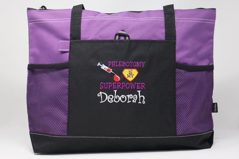 Phlebotomy is my Superpower Embroidered Zippered Tote Bag With Mesh Pockets, Beach Bag, Boating image 7